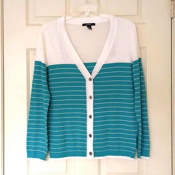 NWOT. Forever 21 Wool blended V-Neck lightweight cardigan sweater with stripes. - Picture 1 of 4